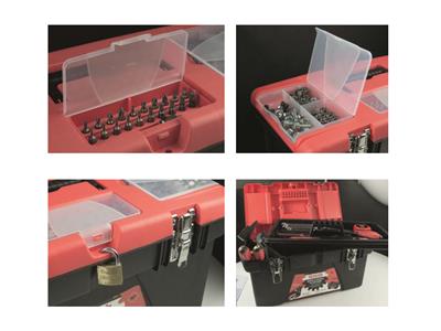 Werkzeugkasten, Schwarz-roter Kunststoff, Kleines Modell, Mob - Standard Bild - 3