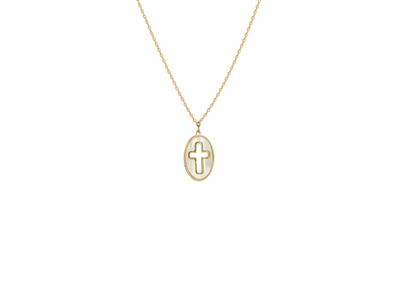 Halskette Mit Ovalem Motiv 12 Mm, Perlmutt Kreuz Durchbrochen, 42+3 Cm, Gelbgold 18k - Standard Bild - 1
