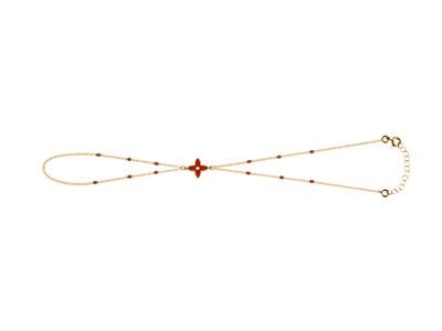 Handkette Mit Blumenmotiv 4 Blütenblätter Rotes Emaille An Kette, 173cm, Gelbgold 18k