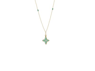 Halskette Mit Blumenmotiv, 4 Blütenblätter Und Türkis Emaillierte Perlen Auf Kette, 423 Cm, 18k Gelbgold