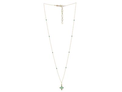 Halskette Mit Blumenmotiv, 4 Blütenblätter Und Türkis Emaillierte Perlen Auf Kette, 42+3 Cm, 18k Gelbgold - Standard Bild - 2