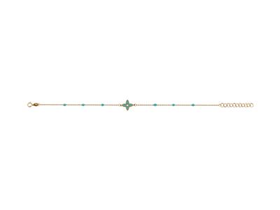 Armband Mit Blumenmotiv 4 Blütenblätter Und Türkisfarbenen Emaille-perlen An Einer Kette, 173 Cm, 18k Ge