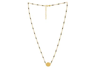Halskette Mit Rundem Plättchen 12 MM Und Schwarz Emaillierten Kugeln An Kette, 42+3 Cm, Gelbgold 18k - Standard Bild - 2