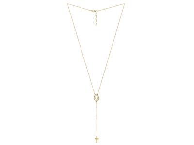 Kette Rosenkranz Motiv Oval Perlmutt Durchbrochenes Kreuz, Weiße Kugeln, Anhänger 8 Cm, 45+2 Cm, Gelbgoldgold 18k - Standard Bild - 2