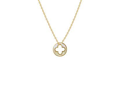 Halskette Mit Ausgeschnittenem Kleeblattmotiv Auf 15 MM Kreis, Perlmutt, 42+3 Cm, Gelbgold18k - Standard Bild - 1