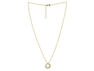 Halskette Mit Ausgeschnittenem Kleeblattmotiv Auf 15 MM Kreis, Perlmutt, 42+3 Cm, Gelbgold18k - Standard Bild - 2