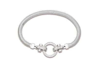 Armband Aus Flachem Schlangengeflecht 4,5 Mm, Runder Verschluss Mit Zirkonen, 17 Cm, 925er Silber, Rhodiniert