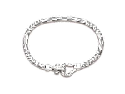 Armband Aus Flachem Schlangengeflecht 4,5 Mm, Ovaler Verschluss Mit Zirkonen, 18 Cm, 925er Silber, Rhodiniert