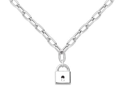Halskette Aus Rechteckigem Hohlgeflecht, Vorhängeschloss-anhänger, 50 Cm, Silber 925 Rh - Standard Bild - 1