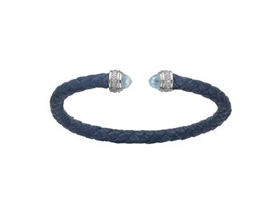 Rundes Armband Aus Blauem Leder Mit Zirkonia Und Blauen Kristallen 5 Mm, 58 X 48 Mm, Silber 925 Rh