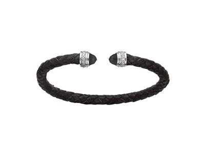 Armband Aus Schwarzem Leder 5 Mm, Mit Zirkonia Und Schwarzen Kristallen, 58 X 48 Mm, Silber 925 Rh