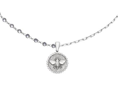 Halskette Mit Doppelter Kette Aus Kristall Und Rechteck, Abeillen-medaille 18 Mm, 46 Cm, Silber 925 Rh