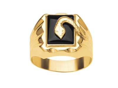 Rechteckiger Onyx-ritter Mit Schlange 15 Mm, 18k Gelbgold, Finger 56 Geschlossen - Standard Bild - 1