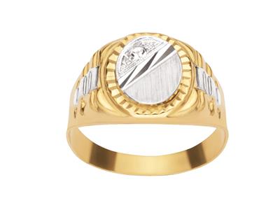 Ovaler Ring Mit Ziseliertem Rand 15 Mm, Weies Zirkoniumoxid, 18k Gelbgold, Finger 56 Geschlossen