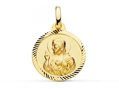 Hohle Skapuliermedaille Mit Ziselierten Rändern 16 Mm, Gelbgold 18k - Standard Bild - 1