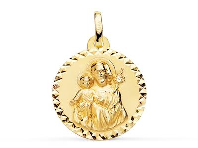 Runde Medaille St Joseph Hohl Mit Ziselierten Rändern 18 Mm, Gelbgold 18k