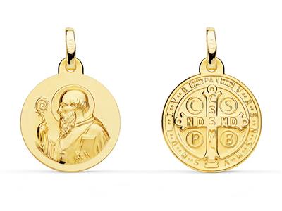 St. Benoit Skapulier-medaille, Hohl, 16 Mm, Doppelseitig, 18k Gelbgold