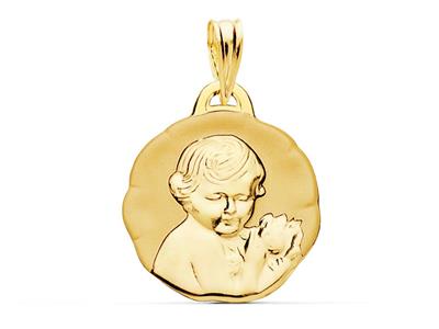 Medaille Engel Mit Rose Satiniert Hohl 17 Mm, Gelbgold 18k