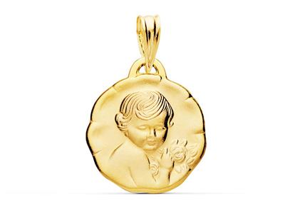 Medaille Engel Mit Rose Sandgestrahlt, Hohl Und Leicht 15 Mm, Gelbgold 18k - Standard Bild - 1