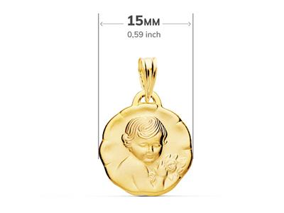 Medaille Engel Mit Rose Sandgestrahlt, Hohl Und Leicht 15 Mm, Gelbgold 18k - Standard Bild - 2