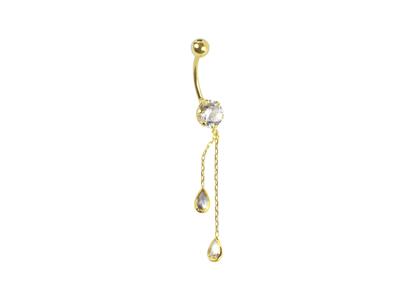 Bauchnabelpiercing Gebogene Stange Mit Kugel 4 Mm, Oxid Rund 6 MM Und Oxid Birne 5 X 3 Mm, Gelbgold 18k - Standard Bild - 1