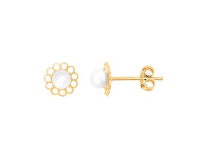 Ohrringe Blume 6,40 MM Mit Weißer Perle 3,50 Mm, 18k Gelbgold - Standard Bild - 1
