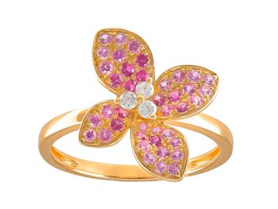 Bge Fleur Diamants 0,09ct Et Saphirs Roses 0,50ct Or Jaune 18k Doigt 52