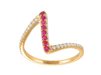 Ring In Z-form, Diamanten 0,14ct Und Rubin 0,25ct, 18k Gelbgold, Finger 56 - Standard Bild - 1