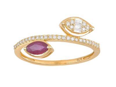Du Und Ich Ring, Diamanten 0,16ct Und Navette-rubin 0,34ct, 18k Gelbgold, Finger 50