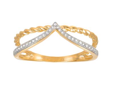 Zweireihiger Ring Mit Torsade- Und V-design, Diamanten 0,08ct, 18k Gelbgold, Ringgröe 50