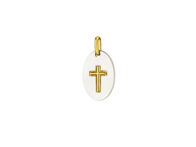 Medaille Perlmutt Oval Und Kreuz 18 Mm, Gelbgold 18k - Standard Bild - 1