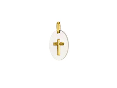 Medaille Perlmutt Oval Und Kreuz 18 Mm, Gelbgold 18k