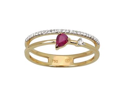 Doppelreihiger Ring, Diamanten 0,10ct Rubine Im Birnenschliff 0,19ct, 18k Gelbgold, Finger 54