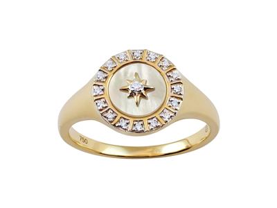 Siegelring 10,50 Mm, Perlmutt Mit Nordstern-muster, Diamantenumrandung0,07ct, 18k Gelbgold, Ringgröe 54