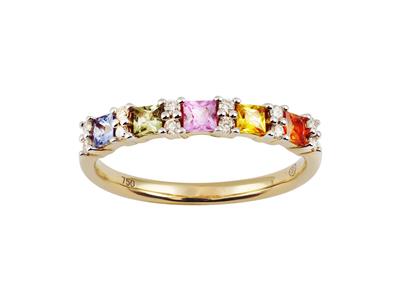 Trauring Rainbow 2,50 Mm, Diamanten 0,13ct Und Saphire In Blau, Grün, Rosa, Gelb Und Orange 0,65ct, 18k Gelbgold, Finger 52