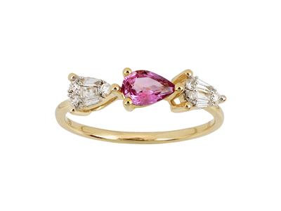 Ring Trilogie Birne, Runde Diamanten Und Baguettes 0,13ct, Rosa Saphir 0,52ct, 18k Gelbgold, Finger 54