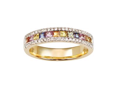 Halbdreher Ribow Trauring Mit Schienenfassung 4 Mm, Diamanten 0,18ct Und Prinzessinnen-saphiren In Grün, Orange, Rosa, Blau Und Gelb 0,83ct, 18k Gelbgold, Finger