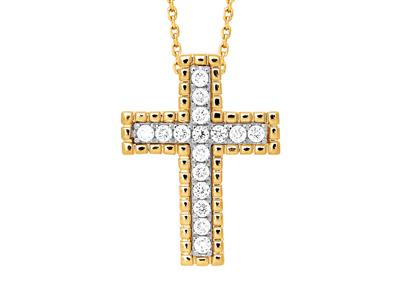 Kreuzanhänger Mit Perlenfaden Auen, Durchziehbarer Kette, Diamanten 0,23ct, 18k Gelbgold