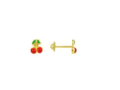 Ohrringe Kirsche Rotes Und Grünes Emaille, 6 Mm, 18k Gelbgold
