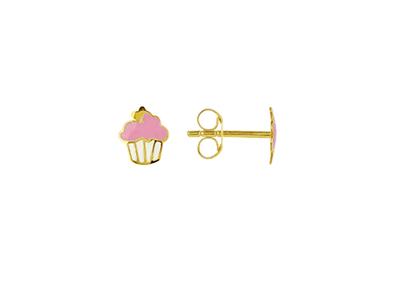 Cupcake-ohrringe Aus Rosa Und Weiem Emaille, 6 Mm, 18k Gelbgold