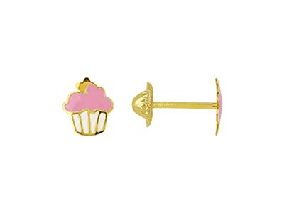 Cupcake-ohrringe Aus Rosa Und Weiem Emaille, 6 Mm, 18k Gelbgold