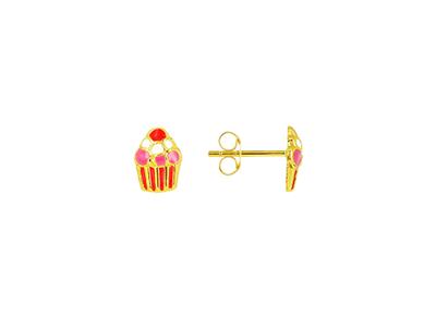 Emaillierte Cupcake-ohrringe 7 Mm, 18k Gelbgold - Standard Bild - 1