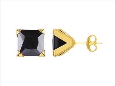 Ohrringe Schwarzes Zirkoniumoxid Quadratisch 7 Mm, 4 Krallen, 18k Gelbgold - Standard Bild - 1