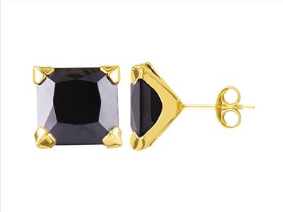 Ohrringe Schwarzes Zirkoniumoxid Quadratisch 10 Mm, 4 Krallen, 18k Gelbgold - Standard Bild - 1