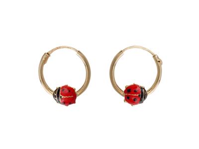 Bo Creoles Tube 1,2mm Diam Int 12mm Motif Coccinelle Email Rouge Or Jaune 18k Tige Sur Charniere - Standard Bild - 1