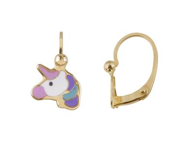 Bo Motif Licorne Email Rose Bleu Violet Or Jaune 18k Brisures - Standard Bild - 1