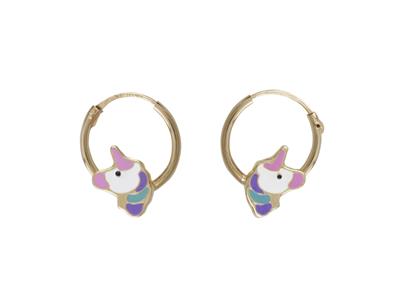 Bo Creoles Tube 1,2mm Diam Int 12mm Motif Licorne Email Rose Bleu Violet Or Jaune 18k Tige Sur Charniere - Standard Bild - 1
