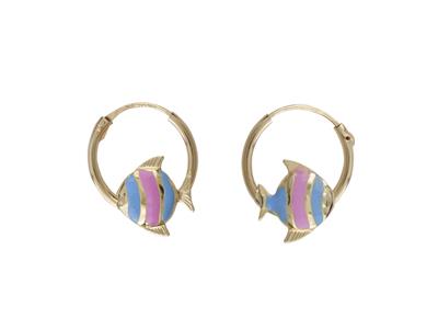 Bo Creoles Tube 1,2mm Diam Int 12mm Motif Poisson Email Rose Et Bleu Or Jaune 18k Tige Sur Charniere - Standard Bild - 1