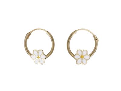 Bo Creoles Tube 1,2mm Diam Int 12mm Motif Paquerette Email Blanc Et Jaune Or Jaune 18k Tige Sur Charniere - Standard Bild - 1