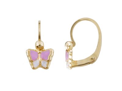 Bo Motif Papillon Email Rose Et Blanc Or Jaune 18k Brisures - Standard Bild - 1